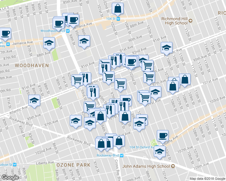 map of restaurants, bars, coffee shops, grocery stores, and more near 95-11 97th Street in Queens