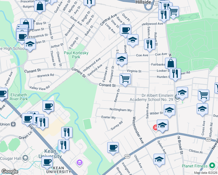 map of restaurants, bars, coffee shops, grocery stores, and more near 228 Conant Street in Hillside