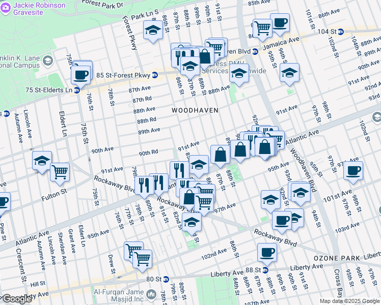 map of restaurants, bars, coffee shops, grocery stores, and more near 91-13 85th Street in Queens