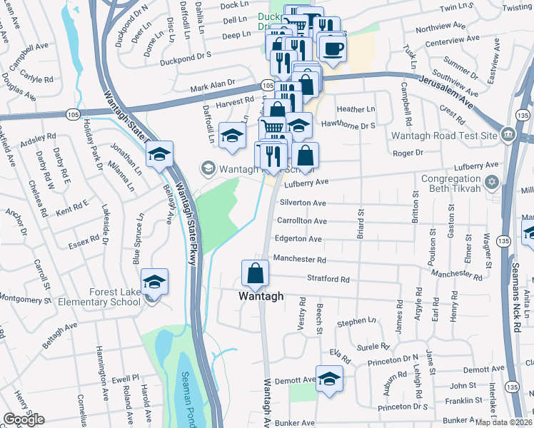 map of restaurants, bars, coffee shops, grocery stores, and more near 1432 Wantagh Avenue in Wantagh