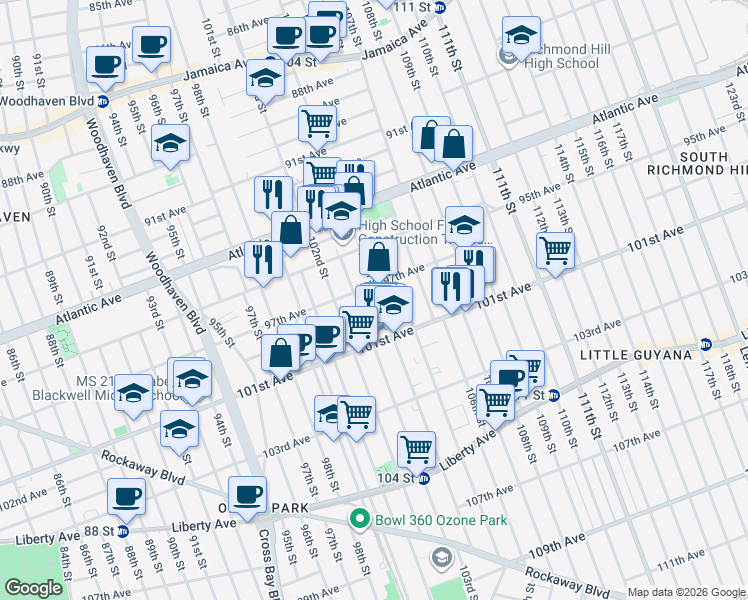 map of restaurants, bars, coffee shops, grocery stores, and more near 97-12 104th Street in Queens