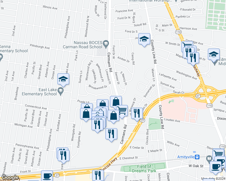 map of restaurants, bars, coffee shops, grocery stores, and more near 5 Linwood Place in Massapequa Park