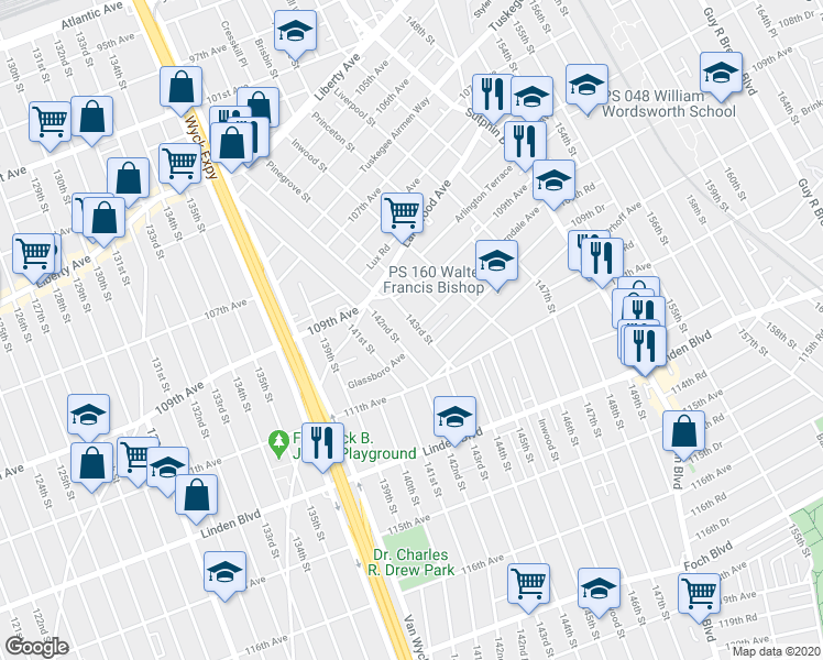 map of restaurants, bars, coffee shops, grocery stores, and more near 109-42 143rd Street in Queens