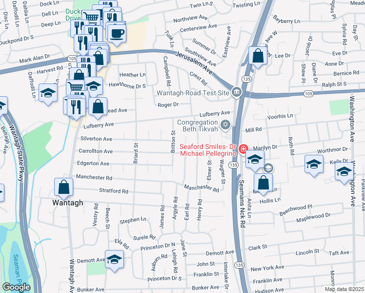 map of restaurants, bars, coffee shops, grocery stores, and more near 1420 Poulson Street in Wantagh