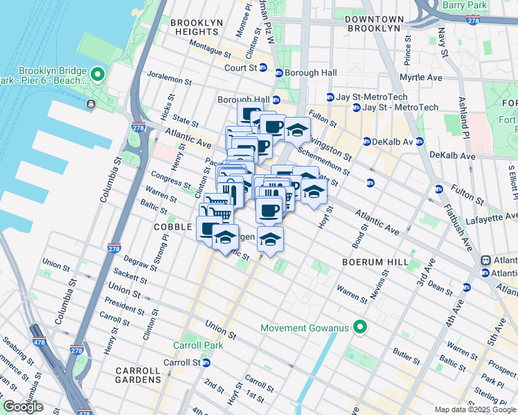 map of restaurants, bars, coffee shops, grocery stores, and more near 131 Boerum Place in Brooklyn