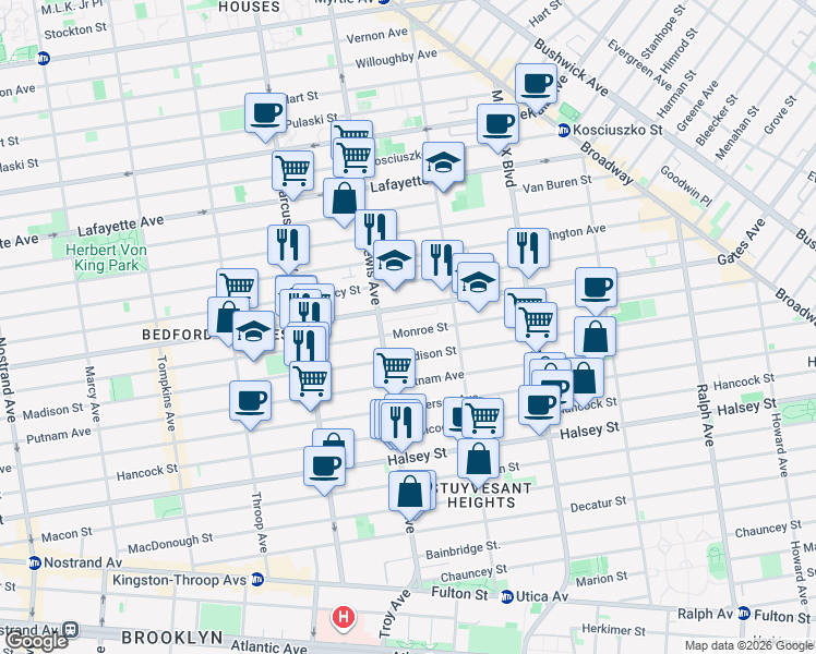 map of restaurants, bars, coffee shops, grocery stores, and more near 547 Monroe Street in Brooklyn
