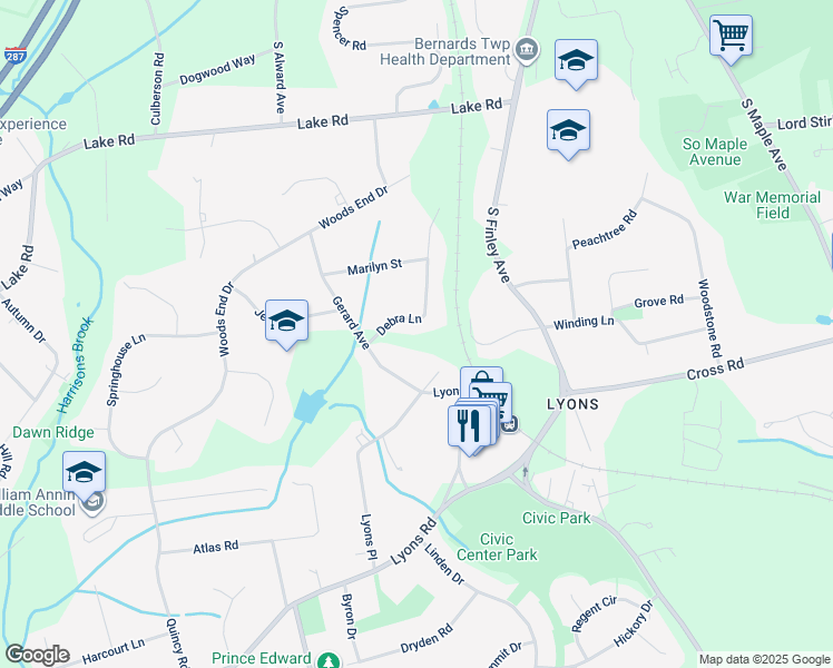 map of restaurants, bars, coffee shops, grocery stores, and more near 21 Debra Lane in Basking Ridge