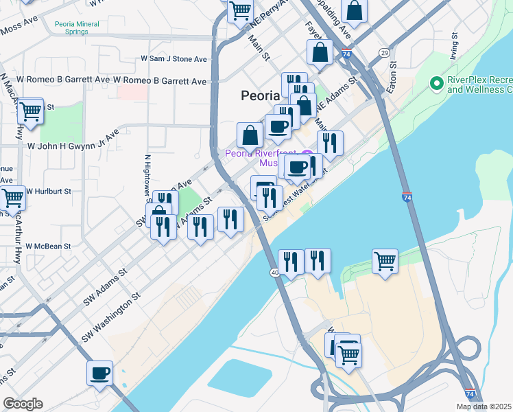 map of restaurants, bars, coffee shops, grocery stores, and more near 112-222 N William Kumpf Blvd in Peoria