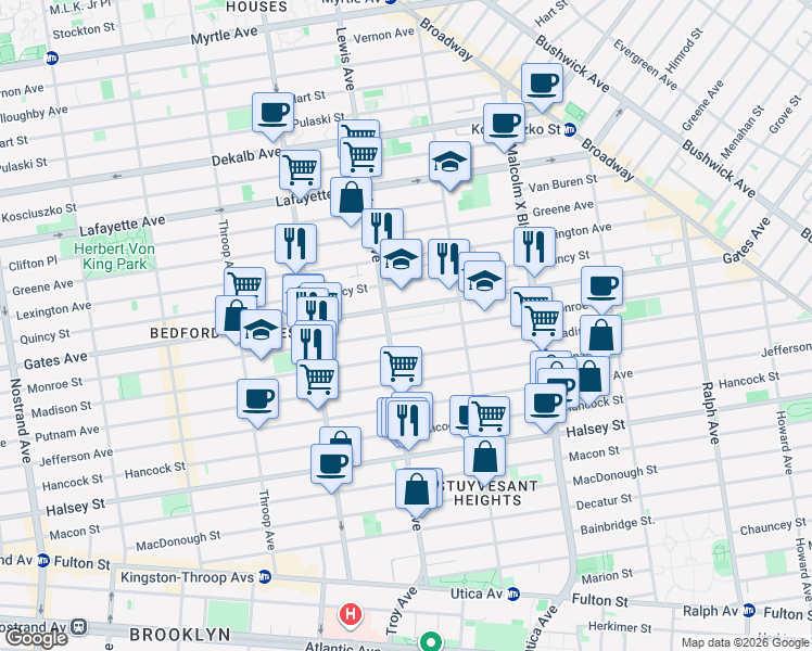 map of restaurants, bars, coffee shops, grocery stores, and more near 541 Monroe Street in Brooklyn