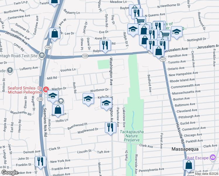map of restaurants, bars, coffee shops, grocery stores, and more near 1493 Washington Avenue in Seaford