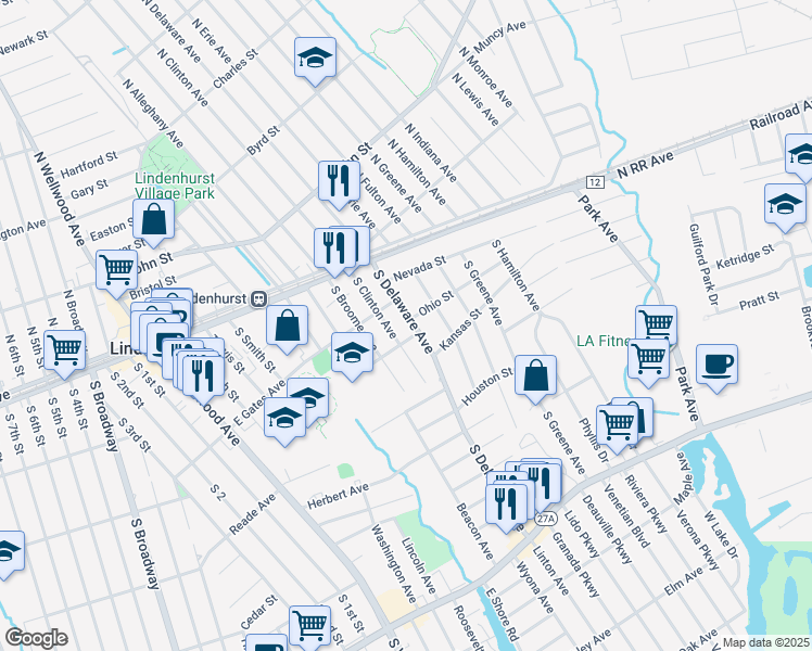 map of restaurants, bars, coffee shops, grocery stores, and more near 203 South Delaware Avenue in Lindenhurst