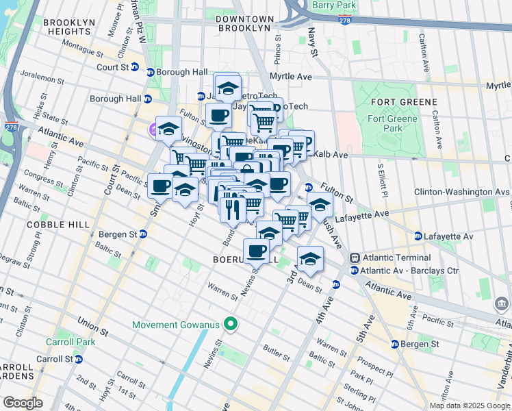 map of restaurants, bars, coffee shops, grocery stores, and more near 375 State Street in Brooklyn