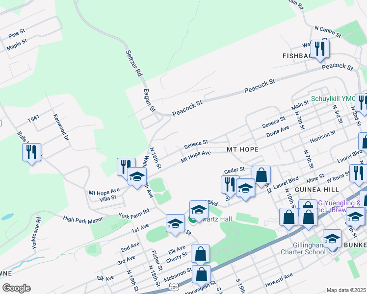 map of restaurants, bars, coffee shops, grocery stores, and more near 1418 Seneca Street in Pottsville