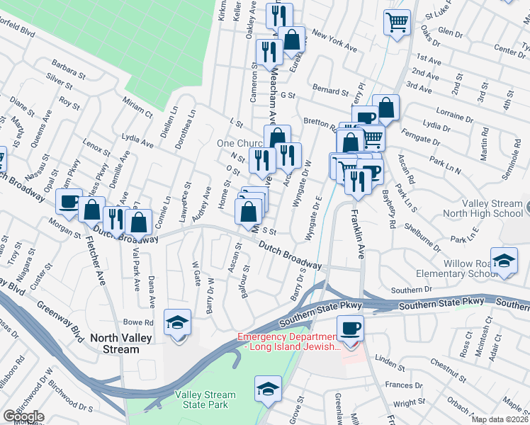 map of restaurants, bars, coffee shops, grocery stores, and more near 756 Meacham Avenue in Elmont