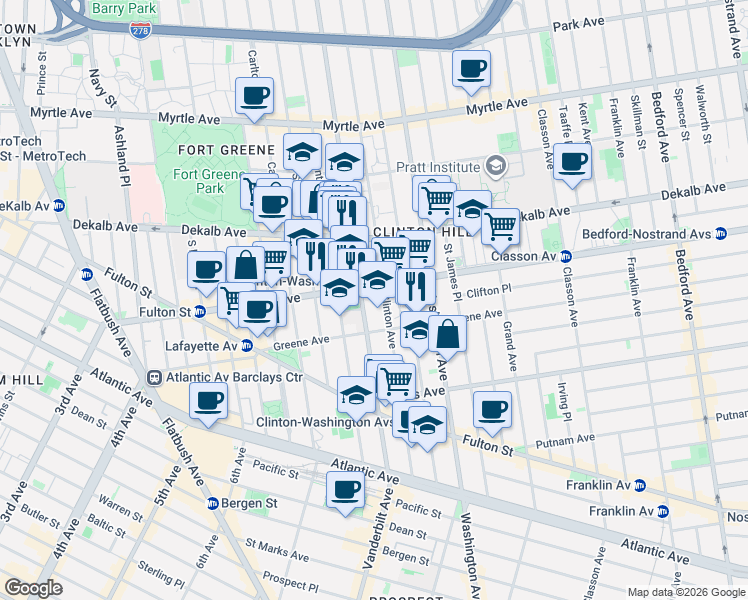 map of restaurants, bars, coffee shops, grocery stores, and more near 356 Clinton Avenue in Brooklyn