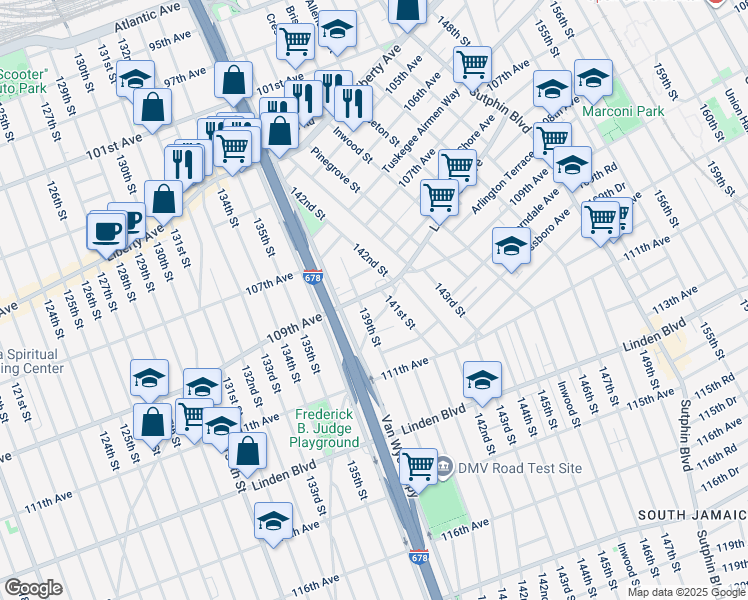 map of restaurants, bars, coffee shops, grocery stores, and more near 13914 109th Avenue in Queens