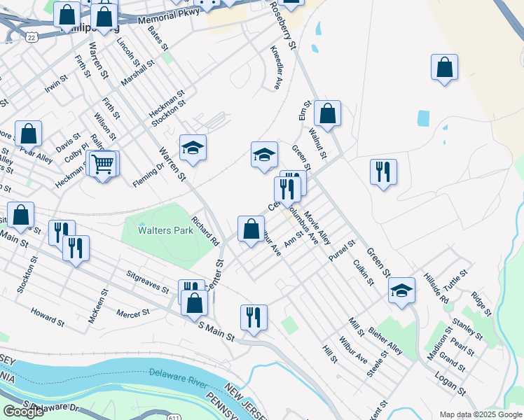 map of restaurants, bars, coffee shops, grocery stores, and more near 381 Center Street in Phillipsburg
