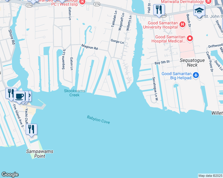 map of restaurants, bars, coffee shops, grocery stores, and more near 155 Wagstaff Lane in West Islip