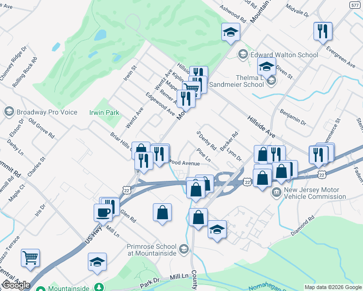 map of restaurants, bars, coffee shops, grocery stores, and more near 46 Astor Place in Springfield