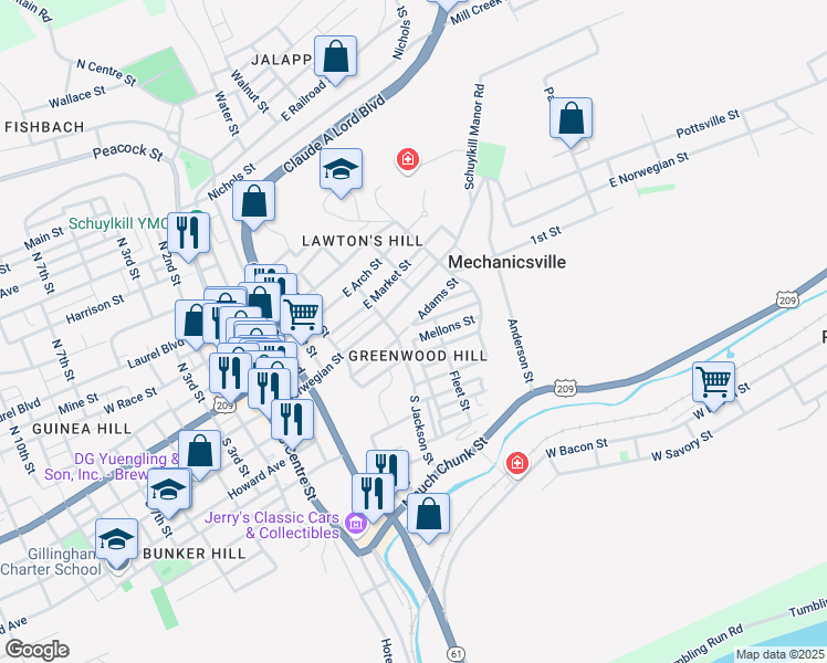 map of restaurants, bars, coffee shops, grocery stores, and more near 501 Edwards Avenue in Pottsville