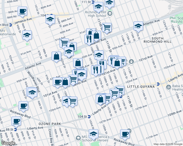 map of restaurants, bars, coffee shops, grocery stores, and more near 97-37 106th Street in Queens