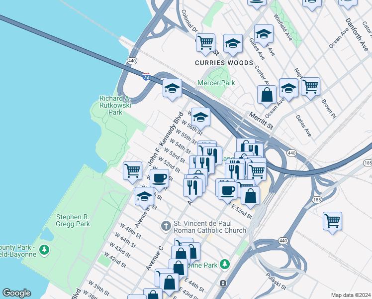 map of restaurants, bars, coffee shops, grocery stores, and more near West 54th Street in Bayonne