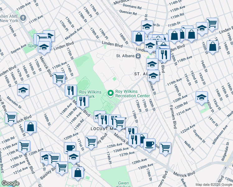 map of restaurants, bars, coffee shops, grocery stores, and more near Linden Blvd in Queens