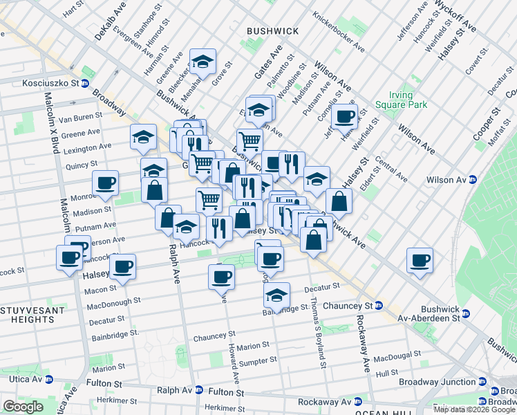 map of restaurants, bars, coffee shops, grocery stores, and more near 1487 Broadway in Brooklyn