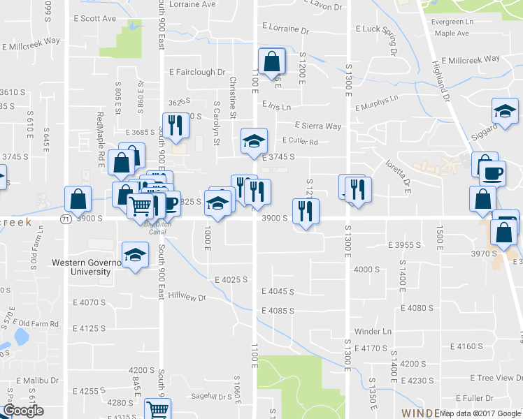 map of restaurants, bars, coffee shops, grocery stores, and more near 1109 East 3900 South in Salt Lake City