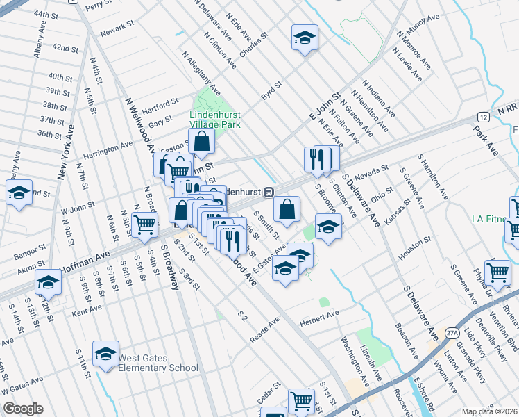map of restaurants, bars, coffee shops, grocery stores, and more near 75 East Hoffman Avenue in Lindenhurst