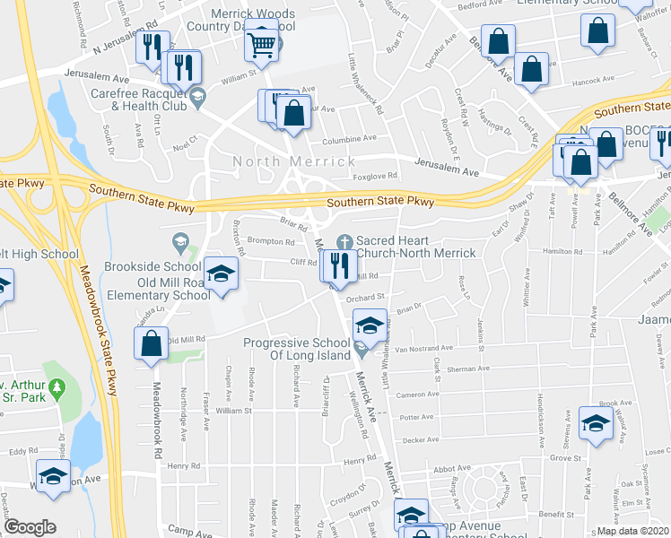 map of restaurants, bars, coffee shops, grocery stores, and more near 720 Merrick Avenue in Merrick