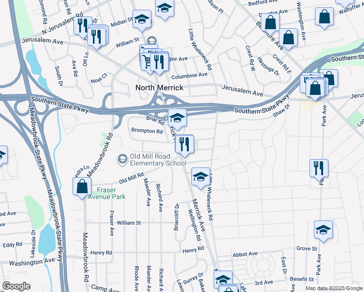 map of restaurants, bars, coffee shops, grocery stores, and more near 720 Merrick Avenue in Merrick