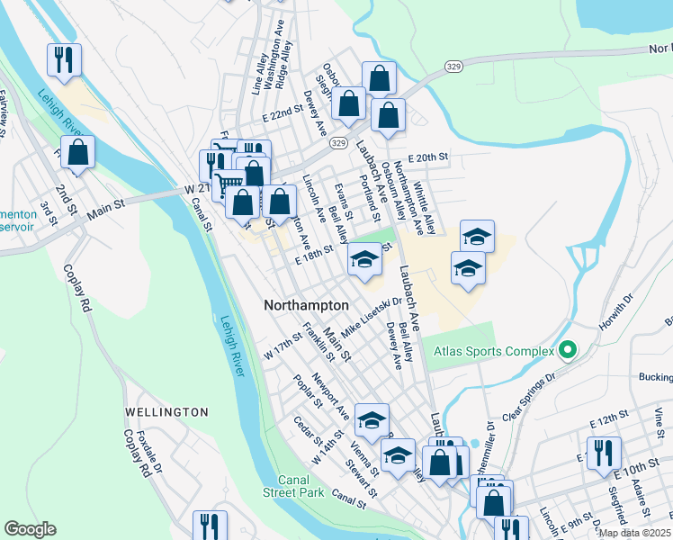 map of restaurants, bars, coffee shops, grocery stores, and more near 1718 Lincoln Avenue in Northampton