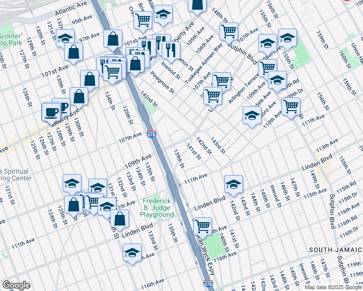 map of restaurants, bars, coffee shops, grocery stores, and more near 139-14 141st Street in Queens