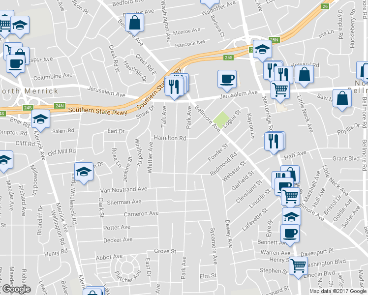 map of restaurants, bars, coffee shops, grocery stores, and more near 1310 Park Avenue in Merrick