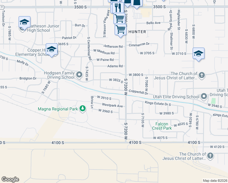 map of restaurants, bars, coffee shops, grocery stores, and more near 7281 West Copper Hill Drive in Magna
