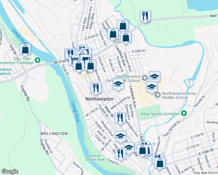 map of restaurants, bars, coffee shops, grocery stores, and more near 1718 Lincoln Avenue in Northampton