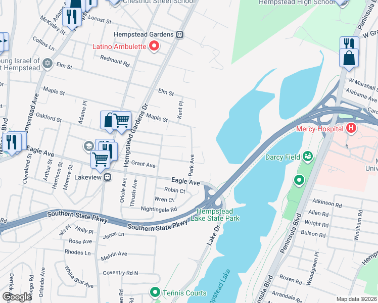 map of restaurants, bars, coffee shops, grocery stores, and more near 606 Park Avenue in West Hempstead