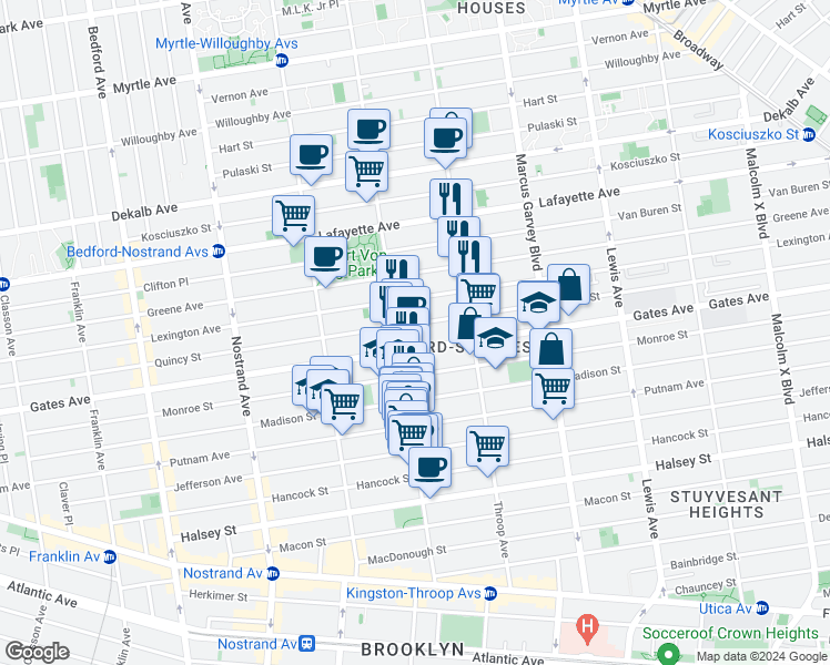 map of restaurants, bars, coffee shops, grocery stores, and more near 420 Quincy Street in Brooklyn