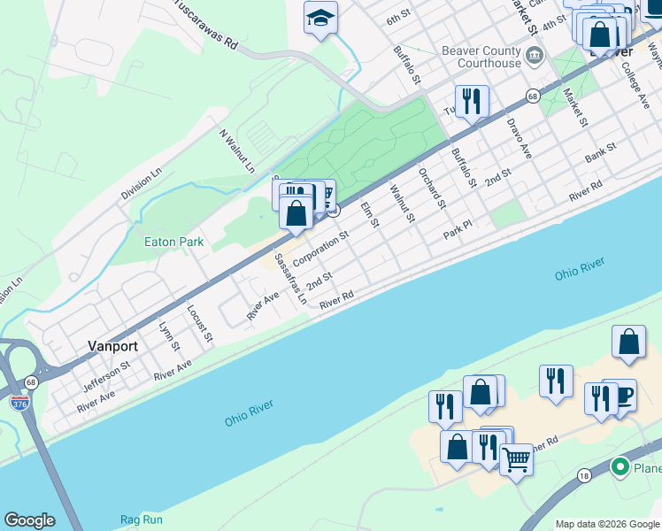map of restaurants, bars, coffee shops, grocery stores, and more near 1701 Corporation Street in Beaver