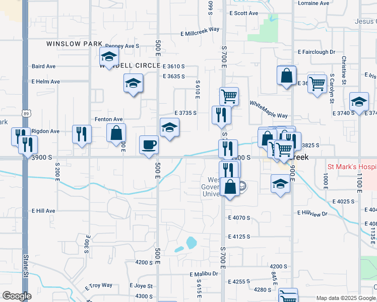 map of restaurants, bars, coffee shops, grocery stores, and more near 593 East Betsey Cove in Millcreek