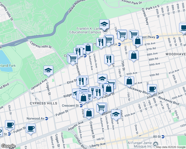 map of restaurants, bars, coffee shops, grocery stores, and more near Autumn Avenue & Etna Street in Brooklyn