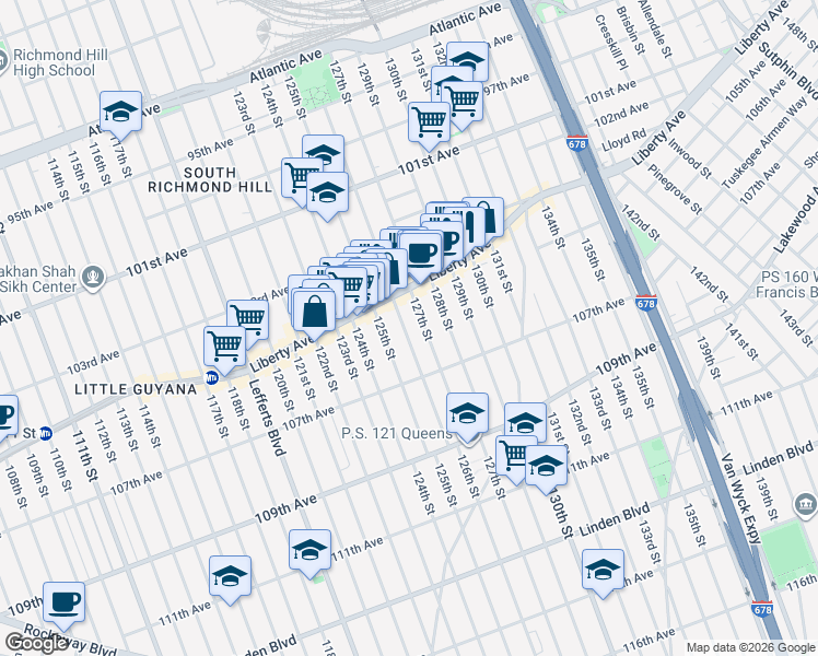 map of restaurants, bars, coffee shops, grocery stores, and more near 104-37 126th Street in Queens