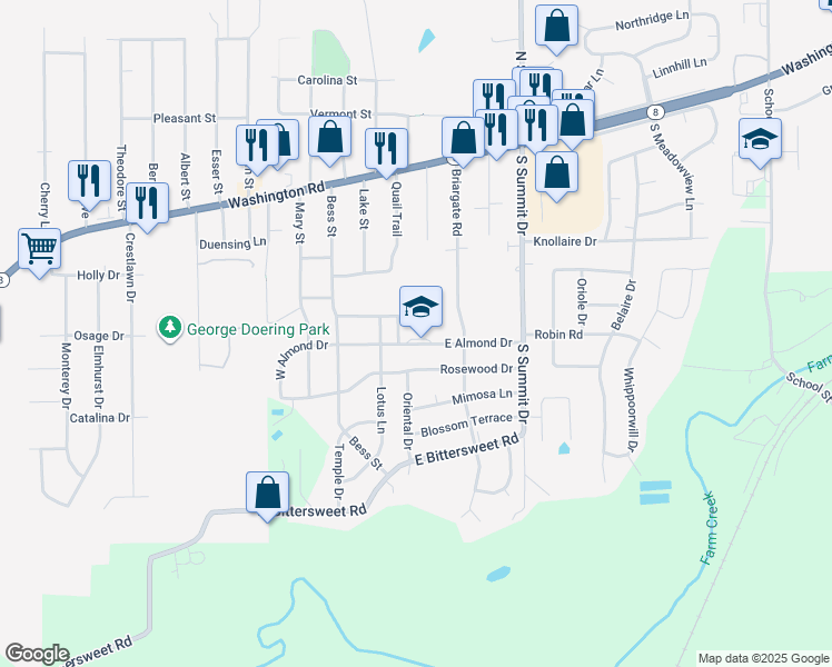 map of restaurants, bars, coffee shops, grocery stores, and more near 304 East Almond Drive in Washington