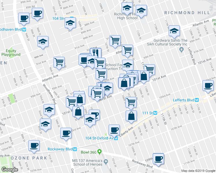 map of restaurants, bars, coffee shops, grocery stores, and more near 97-22 105th Street in Queens