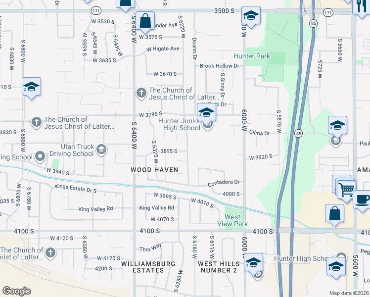 map of restaurants, bars, coffee shops, grocery stores, and more near 6216 Chatterleigh Avenue in West Valley City