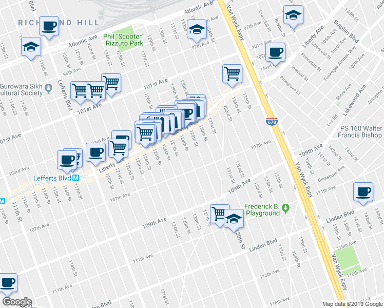 map of restaurants, bars, coffee shops, grocery stores, and more near 104-55 128th Street in Queens