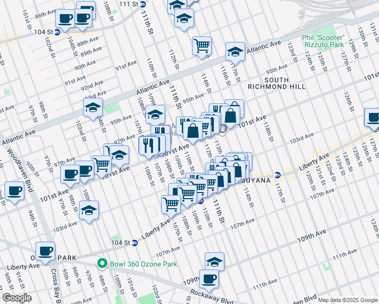 map of restaurants, bars, coffee shops, grocery stores, and more near 101-11 110th Street in Queens