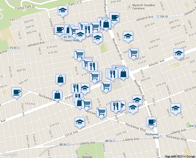 map of restaurants, bars, coffee shops, grocery stores, and more near 91-43 88th Street in Queens