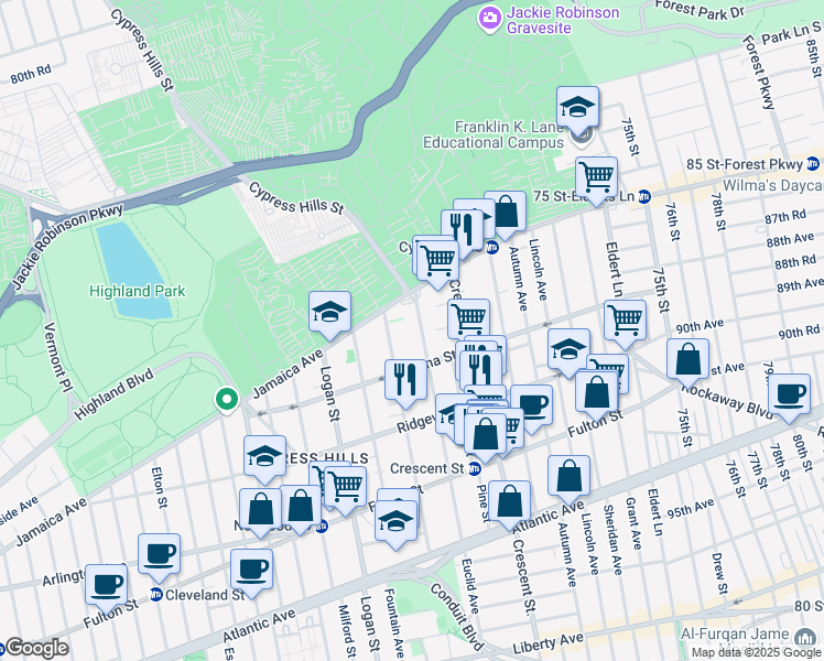 map of restaurants, bars, coffee shops, grocery stores, and more near 49 Euclid Avenue in Brooklyn